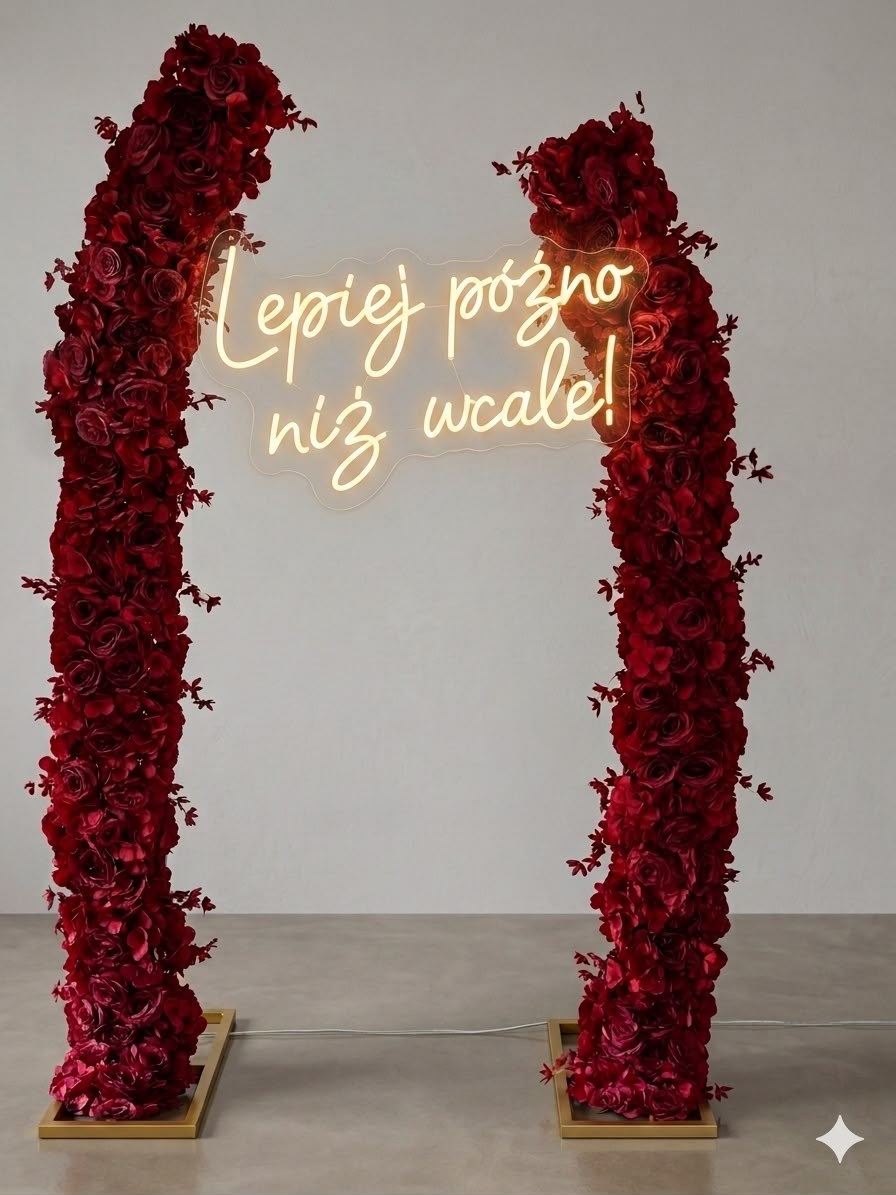 Bordowy łuk z czerwonych róż z neonem „Lepiej późno niż wcale!”